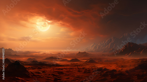 On Mars, the red sands extend across the surface, while in the distance stands the towering Olympus Mons, The sunset casts long shadows, with a dust storm visible on the horizon, © Ash