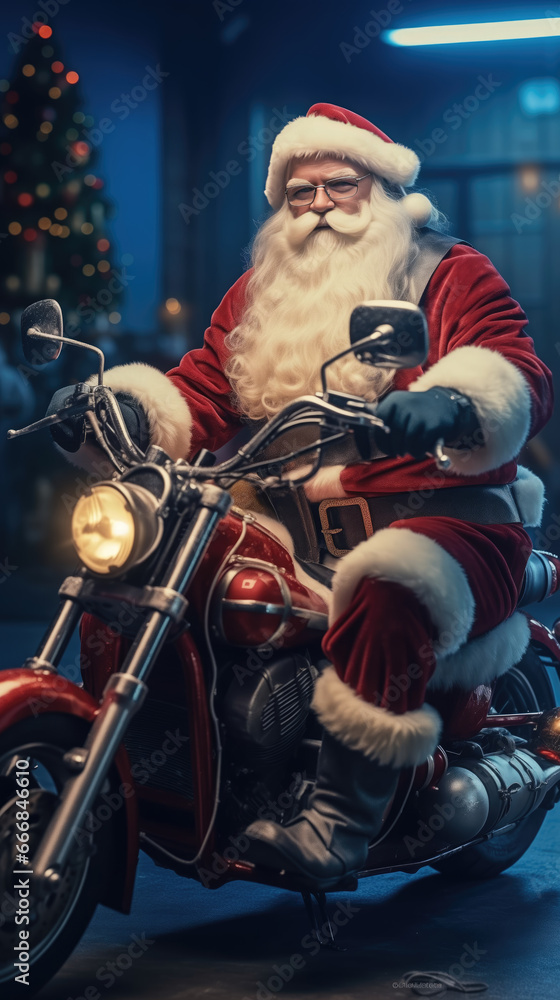 9:16 Photography Big muscular Santa Claus is Riding a chopper to deliver gifts on Christmas Day.generative ai