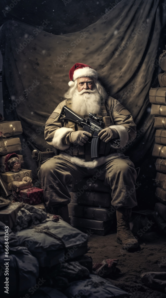 9:16 Photography Santa Claus delivers gifts during wartime in trenches and bunkers.generative ai