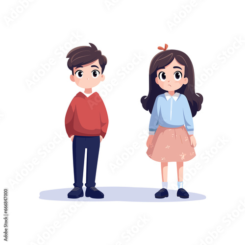 very sad boy and girl standing worried facing down