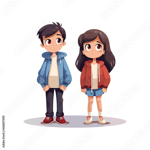 very sad boy and girl standing worried facing down