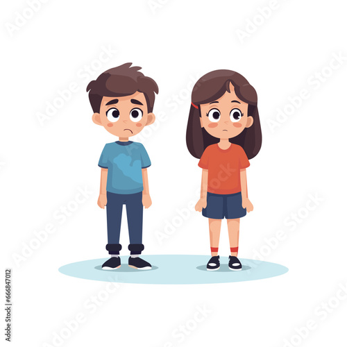 very sad boy and girl standing worried facing down