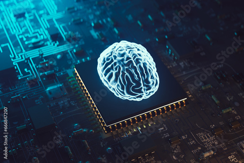 Background of artificial intelligence brain floating hologram on AI semiconductor chip, 3d rendering