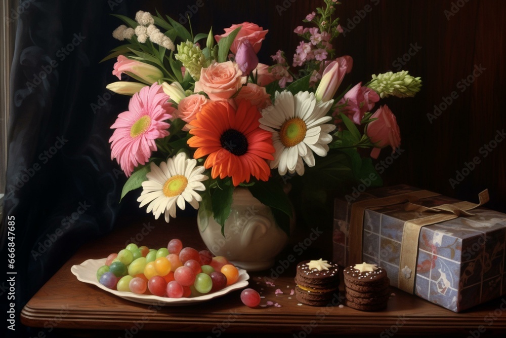 a bouquet of flowers and a box of sweets. Generative AI