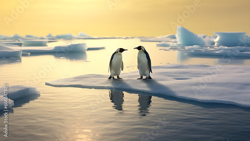 A couple of penguins standing on a winter ice patch.