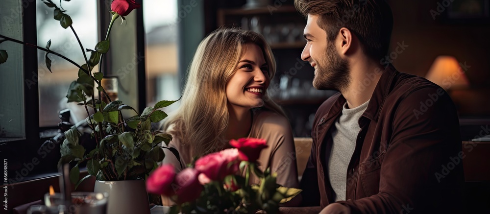 Romantic couple in cafe young man surprises beloved with flowers bringing happiness Romantic couple in cafe young man surprises beloved with flowers bringing happiness
