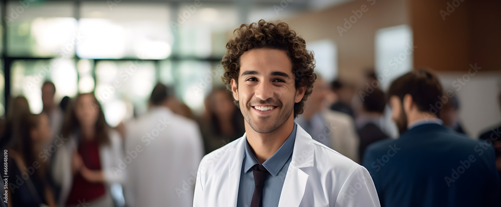 Close-up face of a young happy graduated Doctor or  Pharmacist.  A proud medical student, receiving a white coat during a ceremony. Healthcare professional. 
