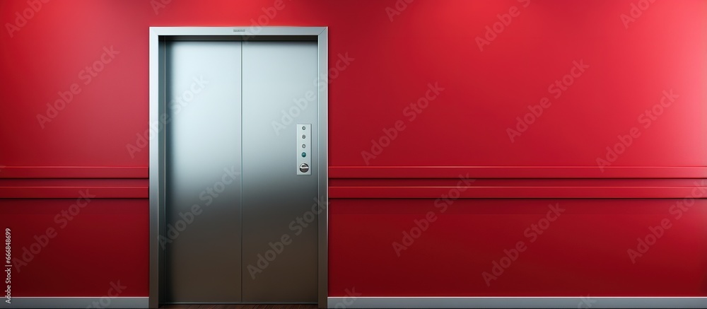 Contemporary elevator with red walls and shut door - obrazy, fototapety, plakaty 