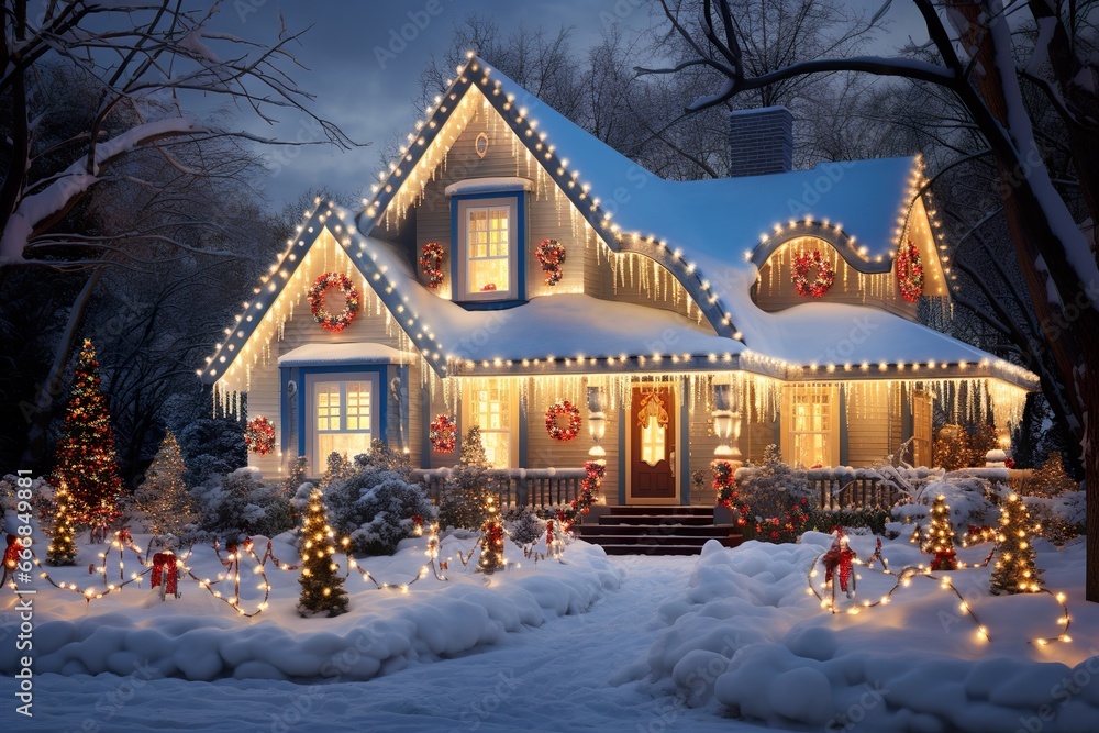 Decorated houses with Christmas lights on night Decorated houses with Christmas lights on night