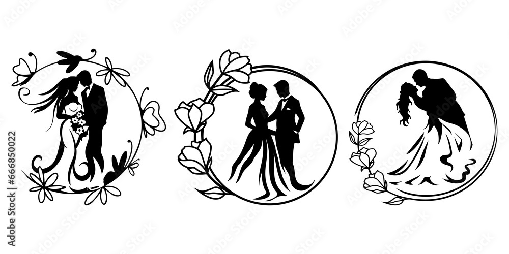 Set of couple married silhouette template. Couple husband and wife clipart cut files.