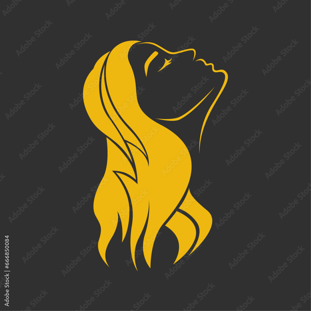 Diseño de hermoso logo femenino, silueta de mujer, logo para peluquería  - obrazy, fototapety, plakaty 