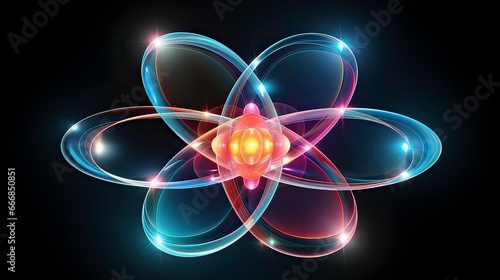 Elegant visualization of an atomic structure with radiant electron paths on a dark space background.
