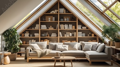 Corner sofa against shelving unit, scandinavian home interior design of modern living room in attic in farmhouse. photo