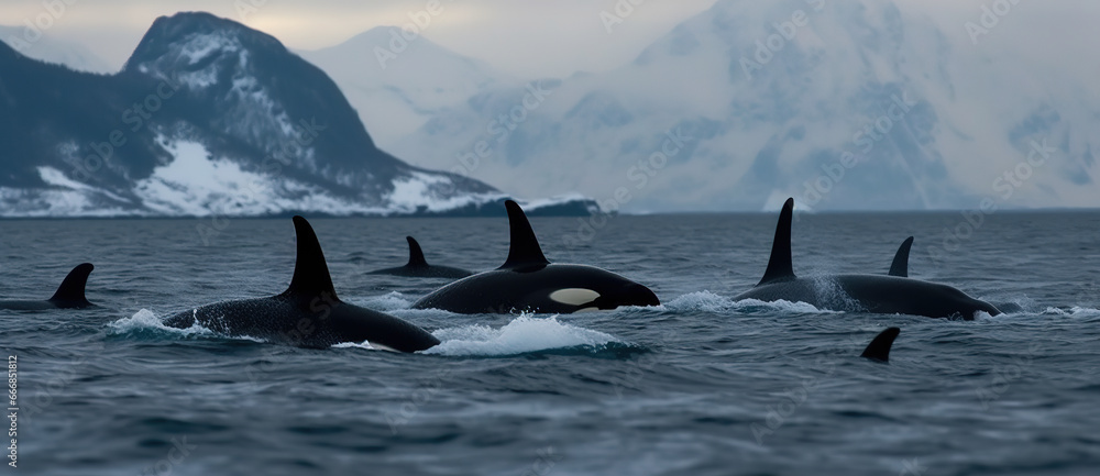 Fototapeta premium Orcas or killer whales hunt in the Arctic Sea. Impressive arctic mountains in the background. Whale watching. Generative AI