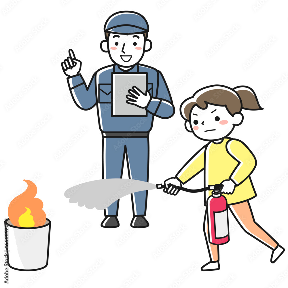 消火器を使った消火訓練をする若い女性と消防署職員 消火器を使った消火訓練をする若い女性と消防署職員