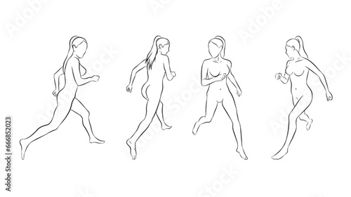Illustration of female figure with contours. Four images of the same woman running and at different angles. Vector isolated on transparent background