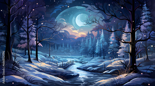 snowy forest and fir branches, winter night landscape