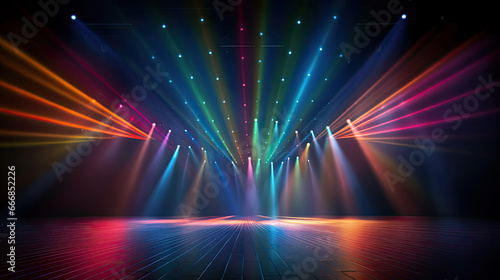 Empty stage with colorful spotlights. Scene lighting effects.