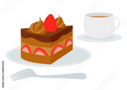 ショートケーキと飲み物のイラスト_苺のチョコショート

