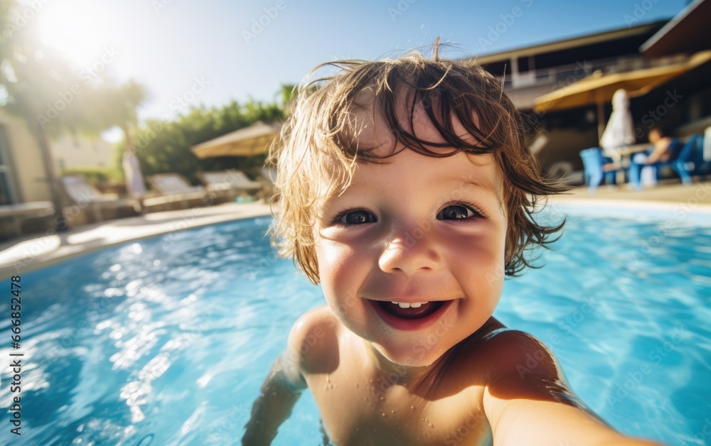 Happy little boy taking selfie in an outdoor swimming pool