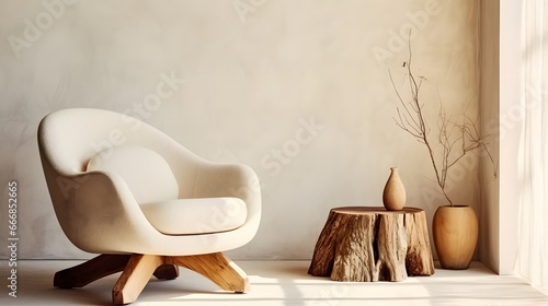 Fabric lounge chair and wood stump side table against beige stucco wall with copy space. Rustic minimalist home interior design of modern living room. photo