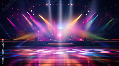 Empty stage with colorful spotlights. Scene lighting effects. photo