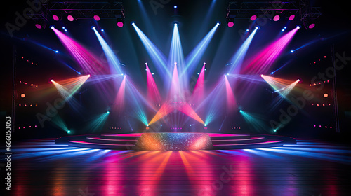 Empty stage with colorful spotlights. Scene lighting effects.