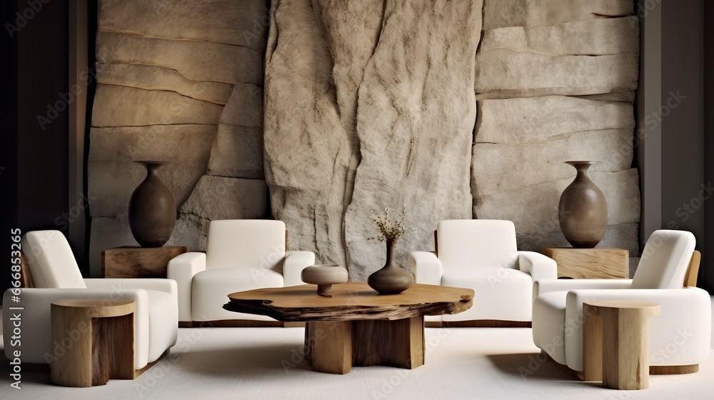 Four white armchairs near natural wood live edge coffee table against wall with stone paneling decor. Minimalist home interior design of modern living room.