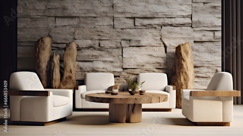 Four white armchairs near natural wood live edge coffee table against wall with stone paneling decor. Minimalist home interior design of modern living room.