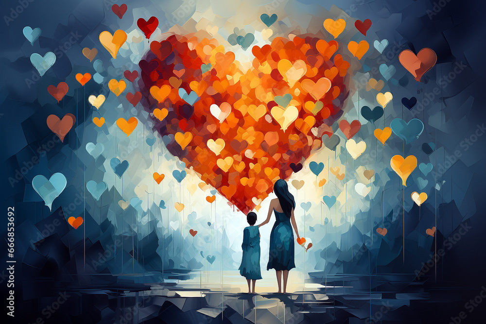 mother with her daughter illustration showing love and caring. A heart in the center with little hearts surrounding the image.  - obrazy, fototapety, plakaty 