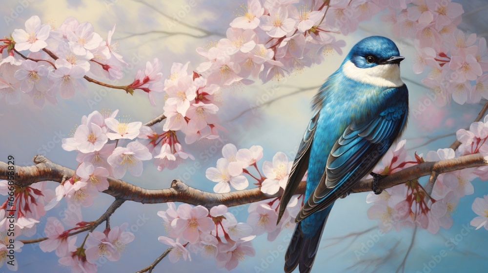 Fototapeta premium Graceful Avian Beauty: Wildlife Bird Spreading Its Plumage on Branch generated by AI tool 
