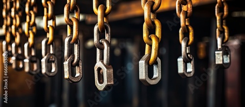 Close up of lifting hooks on metal industrial chains in a metallurgical plant workshop for heavy materials and equipment photo