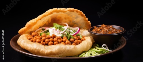 Chole bhature is a dish from North India made with chana masala and bhatura or puri photo