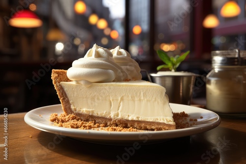 A slice of New York-style cheesecake with a graham cracker crust and a generous dollop of whipped cream photo