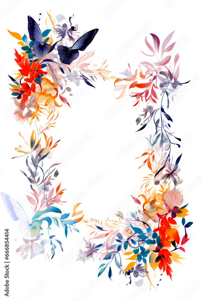 Watercolor frame with colorful ornaments and branches. Use for greeting cards, birthday or wedding invitations, stationery and flyer