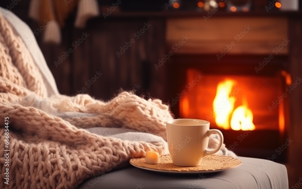 A mug of hot tea or coffee stands on a chair with a woolen blanket in a cozy living room with a fireplace A mug of hot tea or coffee stands on a chair with a woolen blanket in a cozy living room with a fireplace