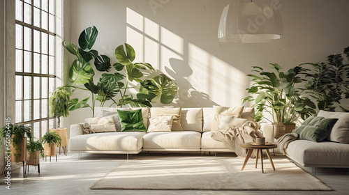 Interior of light living room with sofas and Monstera houseplant Interior of light living room with sofas and Monstera houseplant photo