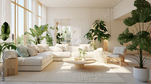 Interior of light living room with sofas and Monstera houseplant Interior of light living room with sofas and Monstera houseplant