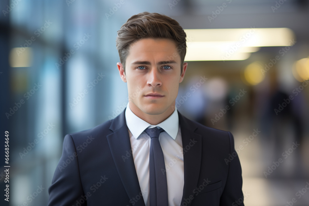 A wide shot of a businessman, with a sharp focus, contrasted against a blurred office background. A wide shot of a businessman, with a sharp focus, contrasted against a blurred office background.