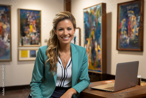 Smiling Female Art Consultant Thriving at the Luminous Art Gallery