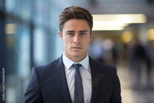 A wide shot of a businessman, with a sharp focus, contrasted against a blurred office background.
