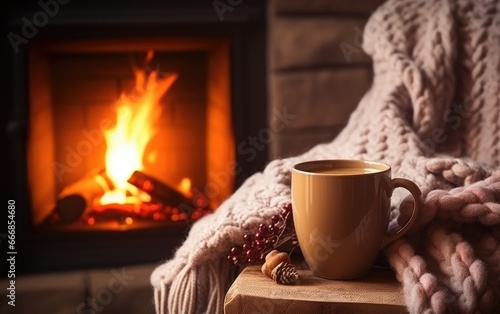 A mug of hot tea or coffee stands on a chair with a woolen blanket in a cozy living room with a fireplace