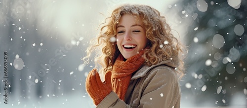 Joyful woman tossing snowball in park during winter