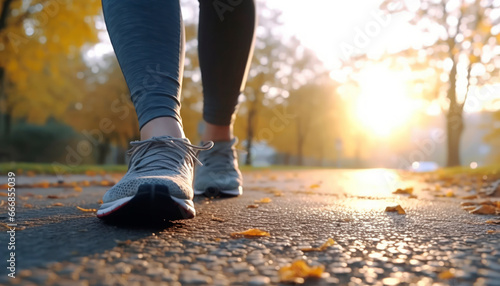 A woman's feet walking close up to a park with a healthy lifestyle