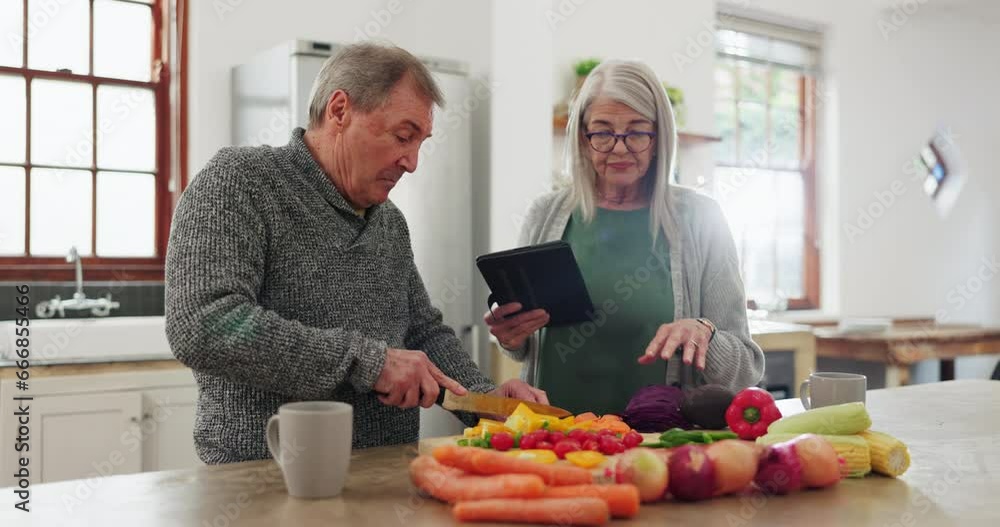 Old couple at kitchen counter, cooking together with tablet and help with online recipe for vegetables. Healthy food, senior man and woman in home with digital app for meal prep, diet and lunch ideas