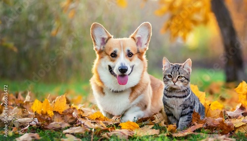 cute corgi dog and striped cat walk among golden fallen leaves in the autumn garden
