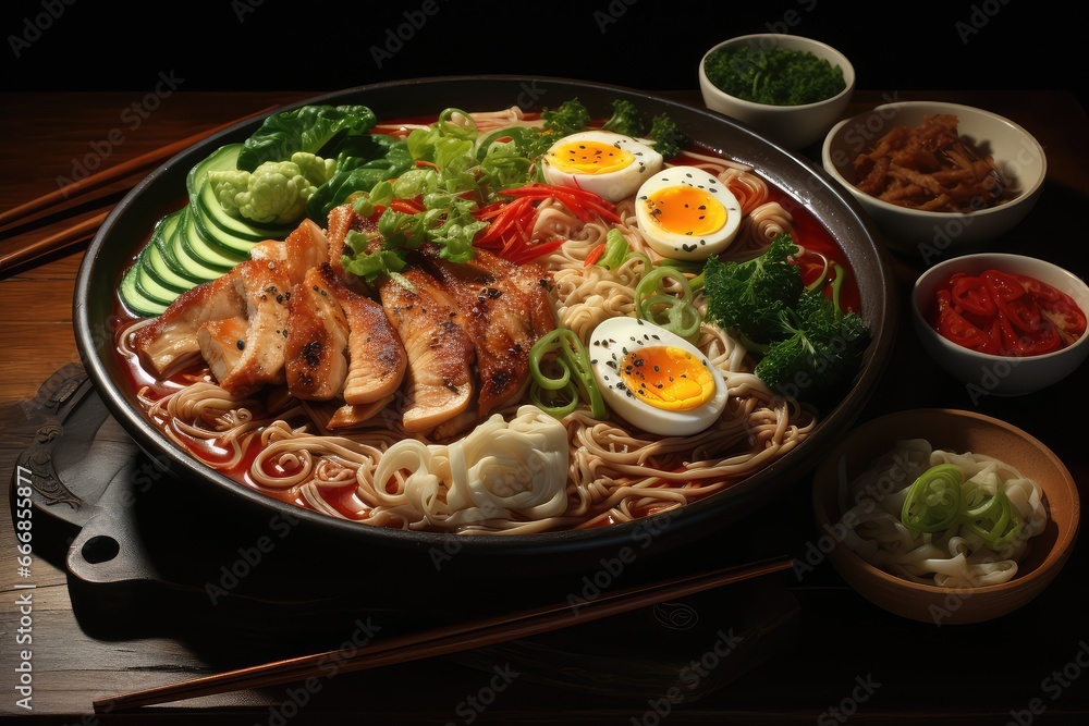 A bowl of ramen noodles with a rich broth, chicken, and a variety of toppings A bowl of ramen noodles with a rich broth, chicken, and a variety of toppings