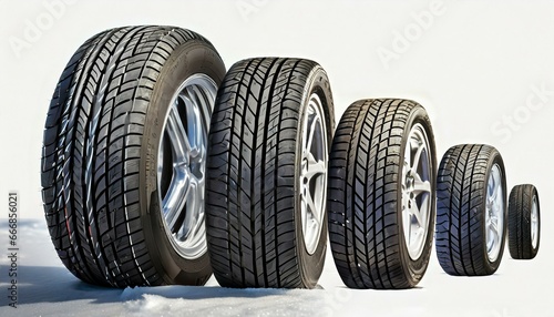 winter tires rolling forward isolated on white background set of four wheel for use in snow and on ice with copy space deep pattern in rubber for transportation © Slainie