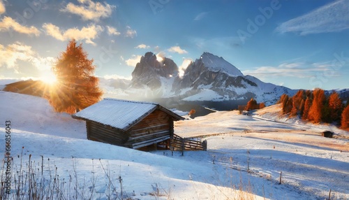 winter landscape with wooden log cabin on meadow alpe di siusi on blue sky background on sunrise time dolomites italy snowy hills with orange larch and sassolungo and langkofel mountains group