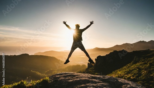 silhouette of a man jump and rises arms up on a peak the happiness and excitement of beeing successful